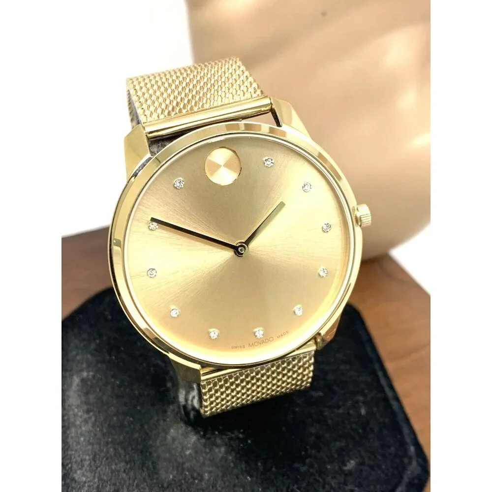 Movado Men's Watch 3600903 Diamond Gold Dial Swiss Quartz Mesh Steel Band 42mm